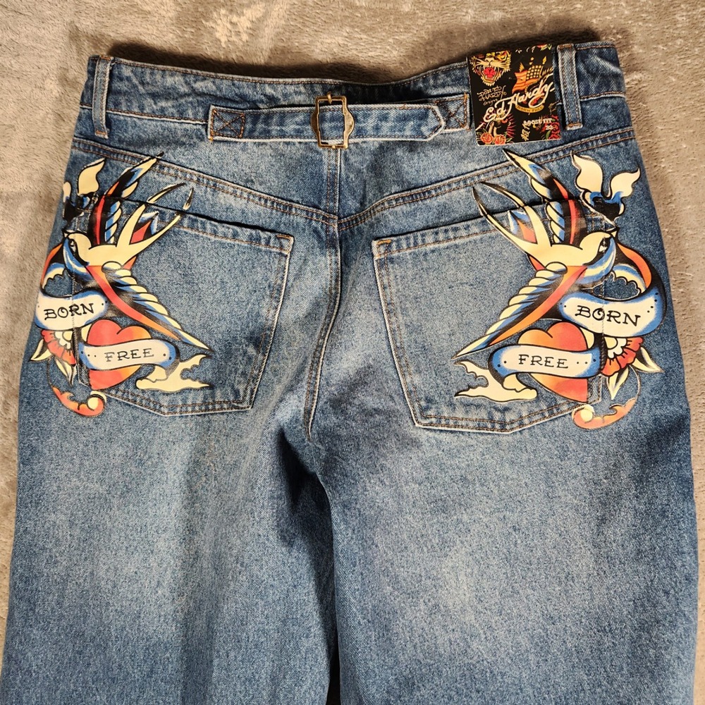 ED HARDY Women's Size 32 Blue Wide Leg Jeans Tattoo Print Embellished WEHD8500-2 - Picture 13 of 15